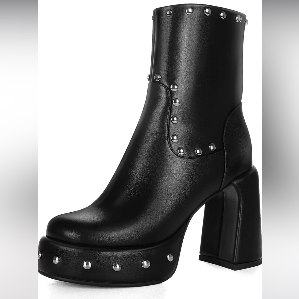 Black Studded Platform Chunky Heel Booties